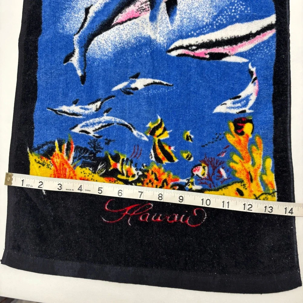 VTG Black Hawaii Hand Towel w Hook Sea Life Whales Dolphins Ocean Retro Colorful